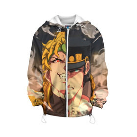 Детская куртка 3D с принтом Dio Brando x Jotaro в городе Новоалтайск, 100% полиэстер | застежка — молния, подол и капюшон оформлены резинкой с фиксаторами, по бокам — два кармана без застежек, один потайной карман на груди, плотность верхнего слоя — 90 г/м2; плотность флисового подклада — 260 г/м2 | Тематика изображения на принте: jojo | джоджо | джонатан | джостар | манга | невероятные приключения | ранобэ | хамон