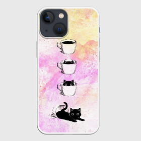 Чехол для iPhone 13 mini с принтом catfee в городе Новоалтайск,  |  | Тематика изображения на принте: cat | coffee | кот | котёнок | кофе | кошка | краски | чашка | черный кот