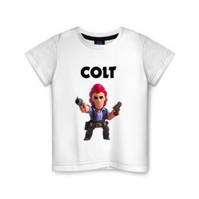 Детская футболка хлопок с принтом BRAWL STARS COLT в городе Новоалтайск, 100% хлопок | круглый вырез горловины, полуприлегающий силуэт, длина до линии бедер | Тематика изображения на принте: android | brawl stars | colt | crow | games | leon | penny | poco. | shelly | spike | wanted | брав | бравл старс | звезды | игры | мобильные игры | старс