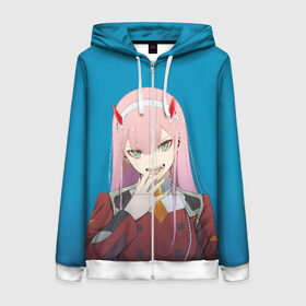 Женская толстовка 3D на молнии с принтом Darling In The Franxx в городе Новоалтайск, 100% полиэстер | длина до линии бедра, манжеты и пояс оформлены мягкой тканевой резинкой, двухслойный капюшон со шнурком для регулировки, спереди молния, по бокам два кармана | 02 | anime | darling in the franxx | hiro | manga | zero two | аниме | ахегао | любимый во франксе | манга | милый во франксе | ноль два | хиро