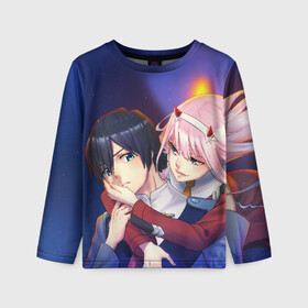 Детский лонгслив 3D с принтом Darling In The Franxx в городе Новоалтайск, 100% полиэстер | длинные рукава, круглый вырез горловины, полуприлегающий силуэт
 | 02 | anime | darling in the franxx | hiro | manga | zero two | аниме | ахегао | любимый во франксе | манга | милый во франксе | ноль два | хиро