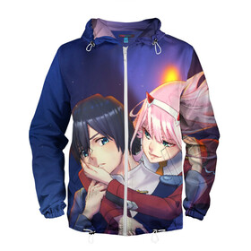 Мужская ветровка 3D с принтом Darling In The Franxx в городе Новоалтайск, 100% полиэстер | подол и капюшон оформлены резинкой с фиксаторами, два кармана без застежек по бокам, один потайной карман на груди | 02 | anime | darling in the franxx | hiro | manga | zero two | аниме | ахегао | любимый во франксе | манга | милый во франксе | ноль два | хиро