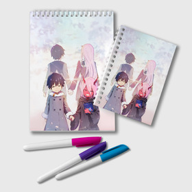 Блокнот с принтом Darling In The Franxx в городе Новоалтайск, 100% бумага | 48 листов, плотность листов — 60 г/м2, плотность картонной обложки — 250 г/м2. Листы скреплены удобной пружинной спиралью. Цвет линий — светло-серый
 | 02 | anime | darling in the franxx | hiro | manga | zero two | аниме | ахегао | любимый во франксе | манга | милый во франксе | ноль два | хиро