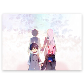 Поздравительная открытка с принтом Darling In The Franxx в городе Новоалтайск, 100% бумага | плотность бумаги 280 г/м2, матовая, на обратной стороне линовка и место для марки
 | 02 | anime | darling in the franxx | hiro | manga | zero two | аниме | ахегао | любимый во франксе | манга | милый во франксе | ноль два | хиро