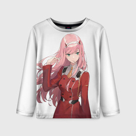 Детский лонгслив 3D с принтом Darling In The Franxx в городе Новоалтайск, 100% полиэстер | длинные рукава, круглый вырез горловины, полуприлегающий силуэт
 | 02 | anime | darling in the franxx | hiro | manga | zero two | аниме | ахегао | любимый во франксе | манга | милый во франксе | ноль два | хиро
