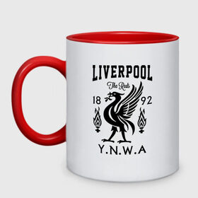 Кружка двухцветная с принтом LIVERPOOL в городе Новоалтайск, керамика | объем — 330 мл, диаметр — 80 мм. Цветная ручка и кайма сверху, в некоторых цветах — вся внутренняя часть | lfc | liverpool | sport | ynwa | ливерпуль | лфк | спорт