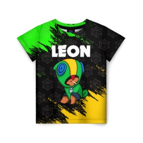 Детская футболка 3D с принтом BRAWL STARS LEON в городе Новоалтайск, 100% гипоаллергенный полиэфир | прямой крой, круглый вырез горловины, длина до линии бедер, чуть спущенное плечо, ткань немного тянется | brawl stars | bull | colt | crow | leon | stars | берли | бо | брок | ворон | джесси | динамайк | дэррил | кольт | леон | мортис | нита | пайпер | пенни | поко | пэм | рикошет | спайк | фрэнк | шелли | эль примо