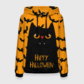 Женская толстовка 3D с принтом Happy halloween в городе Новоалтайск, 100% полиэстер  | двухслойный капюшон со шнурком для регулировки, мягкие манжеты на рукавах и по низу толстовки, спереди карман-кенгуру с мягким внутренним слоем. | halloween | horror | вампир | кот | кот вампир | котик | кошка | летучие мыши | мыши | пятница 13 | страшилки | страшно | ужасы | хоррор | хэллоуин