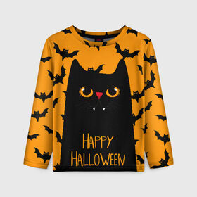 Детский лонгслив 3D с принтом Happy halloween в городе Новоалтайск, 100% полиэстер | длинные рукава, круглый вырез горловины, полуприлегающий силуэт
 | Тематика изображения на принте: halloween | horror | вампир | кот | кот вампир | котик | кошка | летучие мыши | мыши | пятница 13 | страшилки | страшно | ужасы | хоррор | хэллоуин