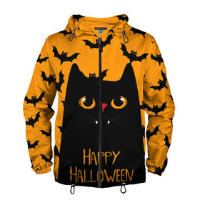 Мужская ветровка 3D с принтом Happy halloween в городе Новоалтайск, 100% полиэстер | подол и капюшон оформлены резинкой с фиксаторами, два кармана без застежек по бокам, один потайной карман на груди | halloween | horror | вампир | кот | кот вампир | котик | кошка | летучие мыши | мыши | пятница 13 | страшилки | страшно | ужасы | хоррор | хэллоуин