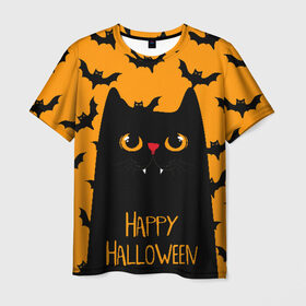 Мужская футболка 3D с принтом Happy halloween в городе Новоалтайск, 100% полиэфир | прямой крой, круглый вырез горловины, длина до линии бедер | halloween | horror | вампир | кот | кот вампир | котик | кошка | летучие мыши | мыши | пятница 13 | страшилки | страшно | ужасы | хоррор | хэллоуин