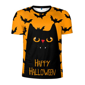 Мужская футболка 3D спортивная с принтом Happy halloween в городе Новоалтайск, 100% полиэстер с улучшенными характеристиками | приталенный силуэт, круглая горловина, широкие плечи, сужается к линии бедра | halloween | horror | вампир | кот | кот вампир | котик | кошка | летучие мыши | мыши | пятница 13 | страшилки | страшно | ужасы | хоррор | хэллоуин