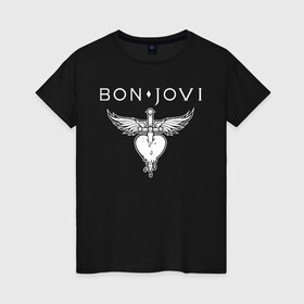 Женская футболка хлопок с принтом Bon Jovi в городе Новоалтайск, 100% хлопок | прямой крой, круглый вырез горловины, длина до линии бедер, слегка спущенное плечо | bon jovi | john | альбом | арена | бон | бон джови | глэм | группа | джови | джон | метал | музыка | надпись | песни | поп | попрок | рок | рокер | смайл | солист | софт | стена | хард | хеви | хевиметал