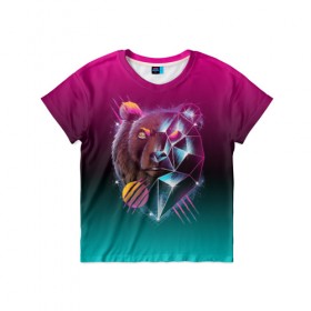 Детская футболка 3D с принтом RETRO CYBER BEAR NEON в городе Новоалтайск, 100% гипоаллергенный полиэфир | прямой крой, круглый вырез горловины, длина до линии бедер, чуть спущенное плечо, ткань немного тянется | hotline miami | neon | outrun | outrun electro | retro | retrowave | synth | synthwave | неон | ретро | хотлайн майами