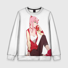 Детский свитшот 3D с принтом Darling In The Franxx в городе Новоалтайск, 100% полиэстер | свободная посадка, прямой крой, мягкая тканевая резинка на рукавах и понизу свитшота | 02 | anime | darling in the franxx | hiro | manga | zero two | аниме | ахегао | любимый во франксе | манга | милый во франксе | ноль два | хиро