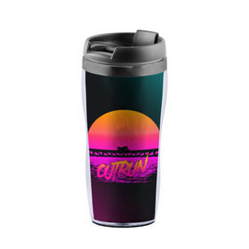 Термокружка-непроливайка с принтом OUTRUN RETROWAVE в городе Новоалтайск, внутренняя часть — пищевой пластик, наружная часть — прозрачный пластик, между ними — полиграфическая вставка с рисунком | объем — 350 мл, герметичная крышка | hotline miami | neon | new retro wave | outrun | outrun electro | retro | retrowave | synth | synthwave | неон | ретро | хотлайн майами