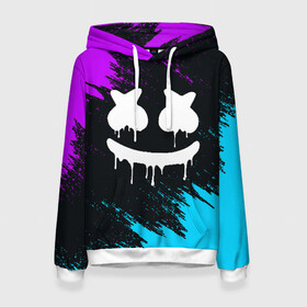 Женская толстовка 3D с принтом НЕОНОВЫЙ МАРШМЕЛЛО | MARSHMELLO NEON в городе Новоалтайск, 100% полиэстер  | двухслойный капюшон со шнурком для регулировки, мягкие манжеты на рукавах и по низу толстовки, спереди карман-кенгуру с мягким внутренним слоем. | america | dj | marshmello | usa | америка | маршмелло