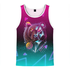 Мужская майка 3D с принтом RETRO CYBER BEAR NEON в городе Новоалтайск, 100% полиэстер | круглая горловина, приталенный силуэт, длина до линии бедра. Пройма и горловина окантованы тонкой бейкой | Тематика изображения на принте: hotline miami | neon | new retro wave | outrun | outrun electro | retro | retrowave | synth | synthwave | медведь | неон | ретро | хотлайн майами