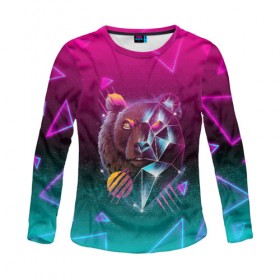 Женский лонгслив 3D с принтом RETRO CYBER BEAR NEON в городе Новоалтайск, 100% полиэстер | длинные рукава, круглый вырез горловины, полуприлегающий силуэт | hotline miami | neon | new retro wave | outrun | outrun electro | retro | retrowave | synth | synthwave | медведь | неон | ретро | хотлайн майами