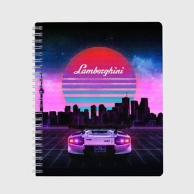 Тетрадь с принтом Lamborghini overdrive в городе Новоалтайск, 100% бумага | 48 листов, плотность листов — 60 г/м2, плотность картонной обложки — 250 г/м2. Листы скреплены сбоку удобной пружинной спиралью. Уголки страниц и обложки скругленные. Цвет линий — светло-серый
 | 80х | 90х | hotlinemimai | outrun | retrowave | synth | synthwave | гонки | дискотека | драйв | ламборгини | ламборджини | неоновые | ретро | светящиеся | скорость