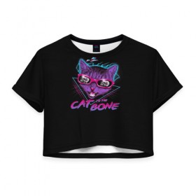 Женская футболка Cropp-top с принтом Cat To The Bone в городе Новоалтайск, 100% полиэстер | круглая горловина, длина футболки до линии талии, рукава с отворотами | 80 | bone | bones | cat | cyber | game | hotline | hotlinemiami | maiami | music | outrun | retro | retrowave | skull | synth | synthwave | игра | кибер | кот | кошка | ретро | череп