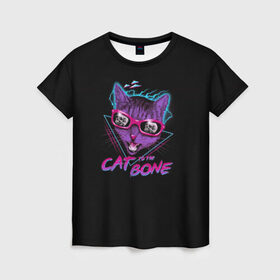 Женская футболка 3D с принтом Cat To The Bone в городе Новоалтайск, 100% полиэфир ( синтетическое хлопкоподобное полотно) | прямой крой, круглый вырез горловины, длина до линии бедер | 80 | bone | bones | cat | cyber | game | hotline | hotlinemiami | maiami | music | outrun | retro | retrowave | skull | synth | synthwave | игра | кибер | кот | кошка | ретро | череп