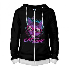 Мужская толстовка 3D на молнии с принтом Cat To The Bone в городе Новоалтайск, 100% полиэстер | длина до линии бедра, манжеты и пояс оформлены мягкой тканевой резинкой, двухслойный капюшон со шнурком для регулировки, спереди молния, по бокам два кармана | 80 | bone | bones | cat | cyber | game | hotline | hotlinemiami | maiami | music | outrun | retro | retrowave | skull | synth | synthwave | игра | кибер | кот | кошка | ретро | череп
