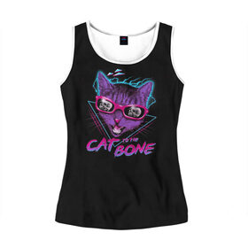 Женская майка 3D с принтом Cat To The Bone в городе Новоалтайск, 100% полиэстер | круглая горловина, прямой силуэт, длина до линии бедра | 80 | bone | bones | cat | cyber | game | hotline | hotlinemiami | maiami | music | outrun | retro | retrowave | skull | synth | synthwave | игра | кибер | кот | кошка | ретро | череп