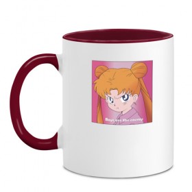 Кружка двухцветная с принтом Sailor Moon Boys are the enemy в городе Новоалтайск, керамика | объем — 330 мл, диаметр — 80 мм. Цветная ручка и кайма сверху, в некоторых цветах — вся внутренняя часть | Тематика изображения на принте: boys are the enemy | bunny | sailor moon | usagi tsukino | аниме | банни цукино | мемы | усаги цукино