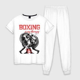 Женская пижама хлопок с принтом Boxing is my therapy в городе Новоалтайск, 100% хлопок | брюки и футболка прямого кроя, без карманов, на брюках мягкая резинка на поясе и по низу штанин | boxing | mike tyson | my therapy | бокс | майк тайсон