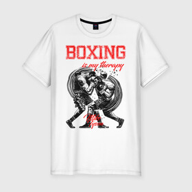 Мужская футболка хлопок Slim с принтом Boxing is my therapy в городе Новоалтайск, 92% хлопок, 8% лайкра | приталенный силуэт, круглый вырез ворота, длина до линии бедра, короткий рукав | boxing | mike tyson | my therapy | бокс | майк тайсон