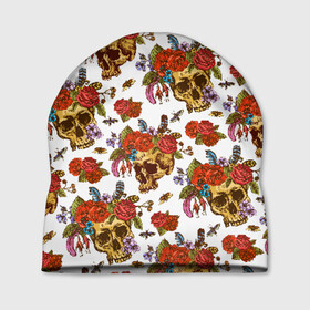 Шапка 3D с принтом Skulls and Roses в городе Новоалтайск, 100% полиэстер | универсальный размер, печать по всей поверхности изделия | flowers | halloween | rose | skull | tattoo | жуки | насекомые | роза | тату | татуировка | хеллоуин | хэллоуин | цветок | цветы | череп