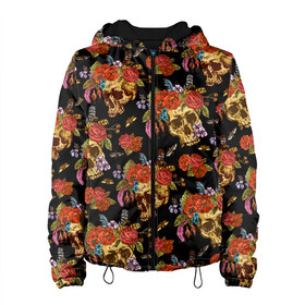 Женская куртка 3D с принтом Skulls and Roses в городе Новоалтайск, ткань верха — 100% полиэстер, подклад — флис | прямой крой, подол и капюшон оформлены резинкой с фиксаторами, два кармана без застежек по бокам, один большой потайной карман на груди. Карман на груди застегивается на липучку | flowers | halloween | rose | skull | tattoo | жуки | насекомые | роза | тату | татуировка | хеллоуин | хэллоуин | цветок | цветы | череп