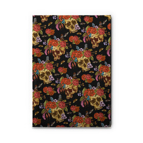 Обложка для автодокументов с принтом Skulls and Roses в городе Новоалтайск, натуральная кожа |  размер 19,9*13 см; внутри 4 больших “конверта” для документов и один маленький отдел — туда идеально встанут права | Тематика изображения на принте: flowers | halloween | rose | skull | tattoo | жуки | насекомые | роза | тату | татуировка | хеллоуин | хэллоуин | цветок | цветы | череп