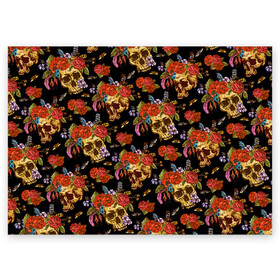 Поздравительная открытка с принтом Skulls and Roses в городе Новоалтайск, 100% бумага | плотность бумаги 280 г/м2, матовая, на обратной стороне линовка и место для марки
 | Тематика изображения на принте: flowers | halloween | rose | skull | tattoo | жуки | насекомые | роза | тату | татуировка | хеллоуин | хэллоуин | цветок | цветы | череп