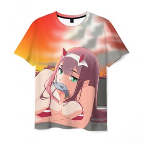 Мужская футболка 3D с принтом Darling In The Franxx в городе Новоалтайск, 100% полиэфир | прямой крой, круглый вырез горловины, длина до линии бедер | Тематика изображения на принте: 02 | anime | darling in the franxx | hiro | manga | zero two | аниме | ахегао | любимый во франксе | манга | милый во франксе | ноль два | хиро