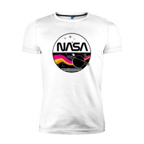 Мужская футболка премиум с принтом Retro NASA в городе Новоалтайск, 92% хлопок, 8% лайкра | приталенный силуэт, круглый вырез ворота, длина до линии бедра, короткий рукав | mars | nasa | space | галактика | земля | илон | инопланетяне | инопланетянин | картинка | картинки | космонавт | космос | луна | марс | маск | мода | надпись | наса | планета | планеты