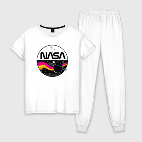 Женская пижама хлопок с принтом Retro NASA в городе Новоалтайск, 100% хлопок | брюки и футболка прямого кроя, без карманов, на брюках мягкая резинка на поясе и по низу штанин | mars | nasa | space | галактика | земля | илон | инопланетяне | инопланетянин | картинка | картинки | космонавт | космос | луна | марс | маск | мода | надпись | наса | планета | планеты