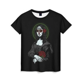 Женская футболка 3D с принтом Mona Lisa - Santa Muerte в городе Новоалтайск, 100% полиэфир ( синтетическое хлопкоподобное полотно) | прямой крой, круглый вырез горловины, длина до линии бедер | dead | death | lisa | mona | muerte | muertos | santa | день | искуство | картина | лиза | мона | муэрте | муэртес | муэртос | роза | розы | санта | тату | татуировка | цветы | череп