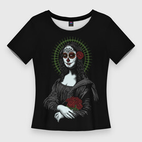 Женская футболка 3D Slim с принтом Mona Lisa   Santa Muerte в городе Новоалтайск,  |  | dead | death | lisa | mona | muerte | muertos | santa | день | искуство | картина | лиза | мона | муэрте | муэртес | муэртос | роза | розы | санта | тату | татуировка | цветы | череп