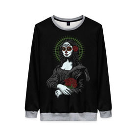 Женский свитшот 3D с принтом Mona Lisa - Santa Muerte в городе Новоалтайск, 100% полиэстер с мягким внутренним слоем | круглый вырез горловины, мягкая резинка на манжетах и поясе, свободная посадка по фигуре | dead | death | lisa | mona | muerte | muertos | santa | день | искуство | картина | лиза | мона | муэрте | муэртес | муэртос | роза | розы | санта | тату | татуировка | цветы | череп