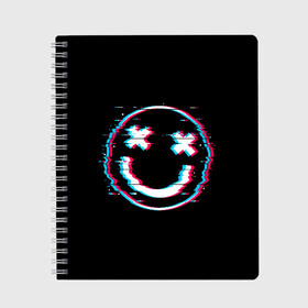 Тетрадь с принтом Glitch Smile в городе Новоалтайск, 100% бумага | 48 листов, плотность листов — 60 г/м2, плотность картонной обложки — 250 г/м2. Листы скреплены сбоку удобной пружинной спиралью. Уголки страниц и обложки скругленные. Цвет линий — светло-серый
 | art | glitch | smile | арт | глитч | глич | картинка | картинки | мода | прикольная | прикольные | смайл | смайли | смайлик | тренд | тренды