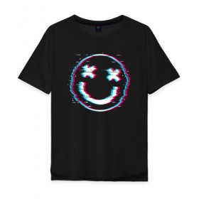 Мужская футболка хлопок Oversize с принтом Glitch Smile в городе Новоалтайск, 100% хлопок | свободный крой, круглый ворот, “спинка” длиннее передней части | art | glitch | smile | арт | глитч | глич | картинка | картинки | мода | прикольная | прикольные | смайл | смайли | смайлик | тренд | тренды