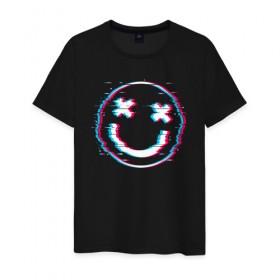 Мужская футболка хлопок с принтом Glitch Smile в городе Новоалтайск, 100% хлопок | прямой крой, круглый вырез горловины, длина до линии бедер, слегка спущенное плечо. | art | glitch | smile | арт | глитч | глич | картинка | картинки | мода | прикольная | прикольные | смайл | смайли | смайлик | тренд | тренды