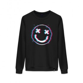 Женский свитшот хлопок с принтом Glitch Smile в городе Новоалтайск, 100% хлопок | прямой крой, круглый вырез, на манжетах и по низу широкая трикотажная резинка  | art | glitch | smile | арт | глитч | глич | картинка | картинки | мода | прикольная | прикольные | смайл | смайли | смайлик | тренд | тренды