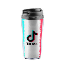 Термокружка-непроливайка с принтом TIKTOK в городе Новоалтайск, внутренняя часть — пищевой пластик, наружная часть — прозрачный пластик, между ними — полиграфическая вставка с рисунком | объем — 350 мл, герметичная крышка | tik | tik tok | tiktok | tok | тик | тик ток | тикток | ток