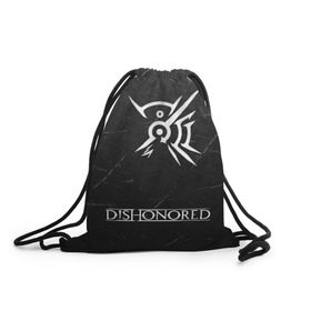 Рюкзак-мешок 3D с принтом DISHONORED в городе Новоалтайск, 100% полиэстер | плотность ткани — 200 г/м2, размер — 35 х 45 см; лямки — толстые шнурки, застежка на шнуровке, без карманов и подкладки | Тематика изображения на принте: dishonored | dishonored 2 | korvo | дисхоноред | корво | корво аттано | стелс | эмили колдуин