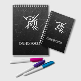 Блокнот с принтом DISHONORED в городе Новоалтайск, 100% бумага | 48 листов, плотность листов — 60 г/м2, плотность картонной обложки — 250 г/м2. Листы скреплены удобной пружинной спиралью. Цвет линий — светло-серый
 | Тематика изображения на принте: dishonored | dishonored 2 | korvo | дисхоноред | корво | корво аттано | стелс | эмили колдуин