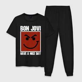 Мужская пижама хлопок с принтом Bon Jovi в городе Новоалтайск, 100% хлопок | брюки и футболка прямого кроя, без карманов, на брюках мягкая резинка на поясе и по низу штанин
 | bon jovi | john | альбом | арена | бон | бон джови | глэм | группа | джови | джон | метал | музыка | надпись | песни | поп | попрок | рок | рокер | смайл | солист | софт | стена | хард | хеви | хевиметал