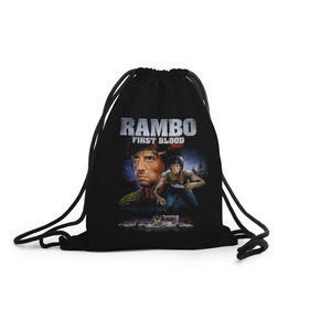 Рюкзак-мешок 3D с принтом Rambo: First Blood в городе Новоалтайск, 100% полиэстер | плотность ткани — 200 г/м2, размер — 35 х 45 см; лямки — толстые шнурки, застежка на шнуровке, без карманов и подкладки | Тематика изображения на принте: action | army | blood | first | john | last | rambo | stallone | states | sylvester | united | usa | армия | боевик | джон | кровь | первая | последняя | рэмбо | сильвестр | сталлоне | сша